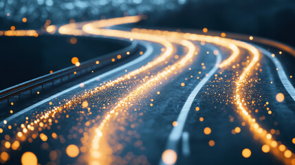 Fototapeta premium Glowing golden lights illuminate winding road at night.