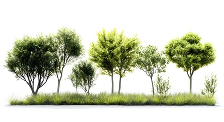 Fototapeta premium Lush Green Trees and Grass Isolated on White Background