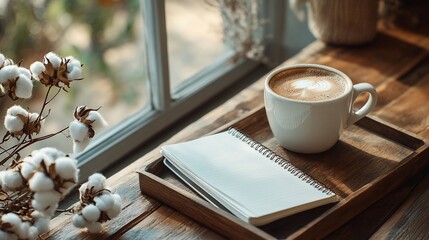 Latte art coffee cup, notebook, and cotton on a wooden tray by window.
