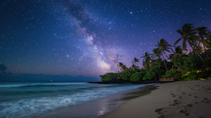 A serene beach scene at night with the Milky Way shining brightly above. The vibrant stars contrast against the calm, gentle waves and lush palm trees.