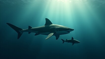 Fototapeta premium A mother shark swimming alongside her pup, highlighting their bond in the open ocean with gentle sunlight filtering through the water.