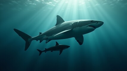 Obraz premium A mother shark swimming alongside her pup, highlighting their bond in the open ocean with gentle sunlight filtering through the water.