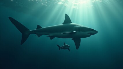 Obraz premium A mother shark swimming alongside her pup, highlighting their bond in the open ocean with gentle sunlight filtering through the water.