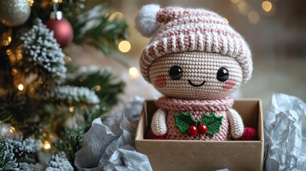 Adorable crocheted elf doll in gift box near Christmas tree.