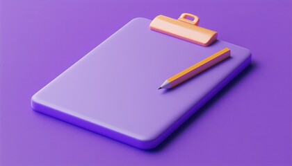 3d Clipboard And Pencil On Purple Background With Notepad - 3d Render Of Stationery Items On A Vibrant Purple Surface
