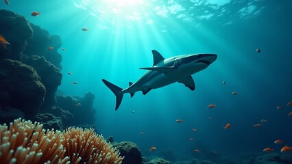 Naklejka premium A shark swimming through a coral reef, showcasing its grace and power against the colorful marine life.