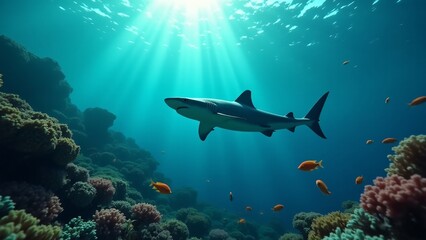 Fototapeta premium A shark swimming through a coral reef, showcasing its grace and power against the colorful marine life.