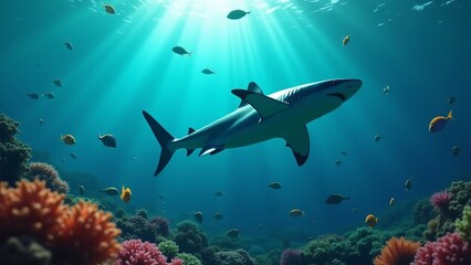 Obraz premium A shark swimming through a coral reef, showcasing its grace and power against the colorful marine life.