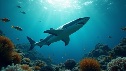 Fototapeta premium A shark swimming through a coral reef, showcasing its grace and power against the colorful marine life.