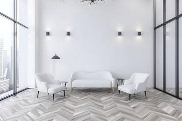 Bright seating area featuring chevron-patterned flooring, white minimalist furniture, tall windows, and soft wall lighting for an inviting and stylish design