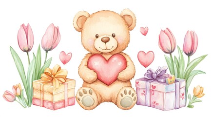 Adorable Teddy Bear Holding Heart With Tulips And Gifts