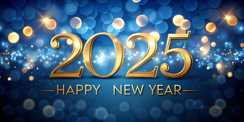 Elegant golden 2025 numbers illuminated with bright lights on a dark background. For New Year greetings, luxurious festive design with a touch of glamour