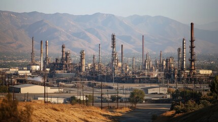 Fototapeta premium Industrial complex surrounded by mountains in a clear sky.
