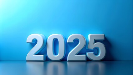 Shiny golden 2025 numbers against a light blue background, illuminated with a soft glow. For New Year greetings and celebratory designs with a modern touch