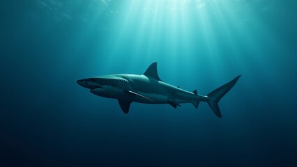 Fototapeta premium A shark gliding through the open ocean, conveying its strength and grace in the vast expanse of the sea.