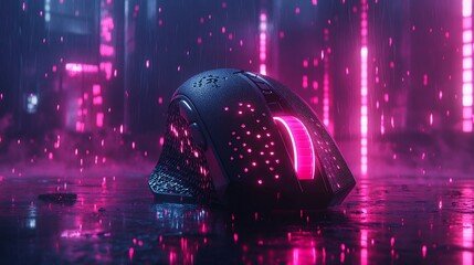 Futuristic wireless mouse in cyberpunk city setting.