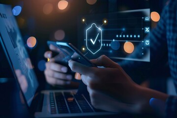 Digital security concept, a closeup businessman using a laptop with a virtual screen hologram