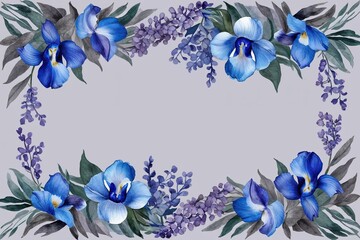 Obraz premium Serene Watercolor Seamless Border with Calming Blue Irises Soft Lilacs and Grey Foliage for Tranquil Backgrounds and Floral Decor