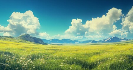 Obraz premium Beautiful grassland, green and blue sky, distant mountains 