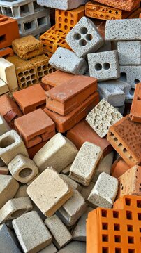 Variety of construction bricks arranged in a pile at a building materials site during daylight hours