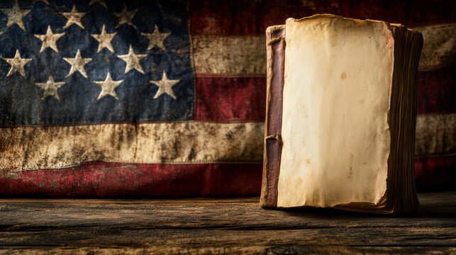 Altes Buch vor verwitterter US-Flagge auf Holztisch.