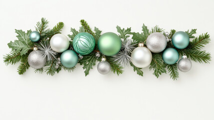 Festive Christmas garland with green and silver ornaments, pine branches, and holly leaves creating joyful holiday decoration