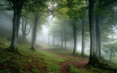 Naklejka premium Beautiful misty morning in the forest with trees, foggy hills, and soft sunlight filtering through the clouds, creating an ethereal