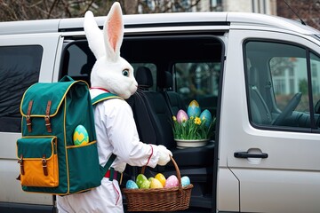 Easter Bunny with Backpack Distributing Easter Eggs from a Van