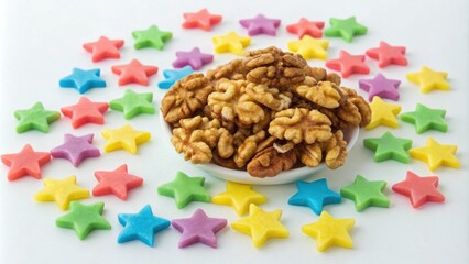 Obraz premium Golden Harmony Golden candied walnuts create a rich texture around s of colorful starshaped sweets. The contrast in colors captures attention and evokes feelings of unity and
