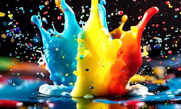 Vivid Paint Splashes in Bold Colors Captured in Dynamic Motion Photography Style