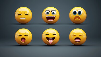 Fototapeta premium Realistic Yellow Glossy 3d Emotions Face Happy Smile Emoji: Funny, Cute, Satisfied, And Surprised. Pack Of 25 Emoticons With Mouth Shut And Stupid Expressions.