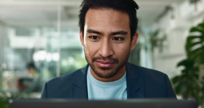 Office, thinking and face of man at laptop for business plan, growth or development of creative ideas. Typing, reading and consultant at desk for online report, review or research at digital agency