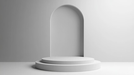Minimalist white platform with arched wall backdrop