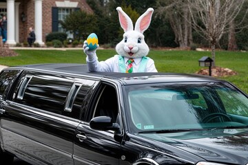 Easter Bunny in a Suit Delivering Easter Eggs in a Luxury Limousine