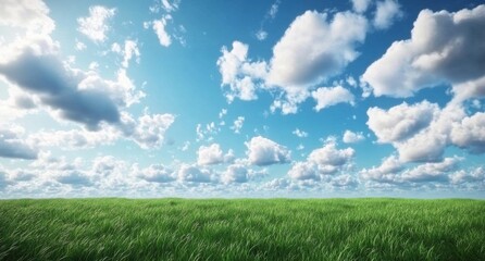 Beautiful Sky with Blue and White Clouds Floating Above Lush Green Grassland