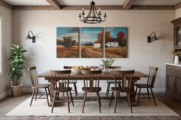 Rustic Farmhouse Dining Area 3D Visualization Featuring Canvas Artwork