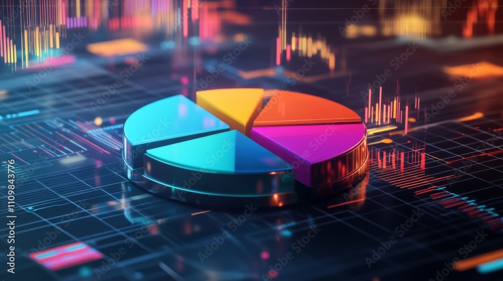 Poster colorful pie chart on digital background with graphical data elements