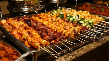 Naklejka premium Colorful Platter of Grilled Chicken and Vegetable Skewers Displayed