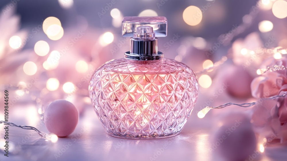 Poster elegant pink perfume bottle with soft bokeh lights background