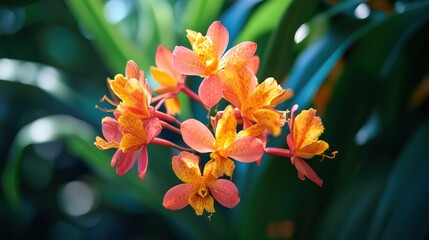 Vibrant orange and yellow orchids blooming amidst lush greenery.