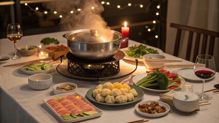 Flickering candlelight dances off the surfaces of the elegant tableware surrounding a steaming hot pot creating a festive atmosphere. Friends exchange playful banter while they