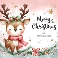 Fototapeta premium A cute reindeer is painted in watercolor style, with a background that is perfect for a merry Christmas and happy new year. The image has space for text.