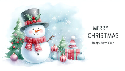 watercolor happy snowman in winter secenery with copy space
