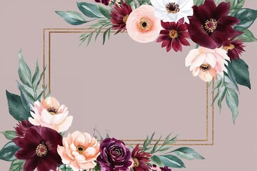 Burgundy Maroon Pink Peach and White Floral Watercolor Frame with Green Leaves for Invitations and Stationery