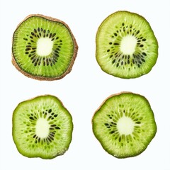 Fototapeta premium A vibrant and fresh kiwi slice isolated on a clean white background, showcasing its juicy texture and bright green color. Perfect for food photography, healthy eating concepts, or product packaging de