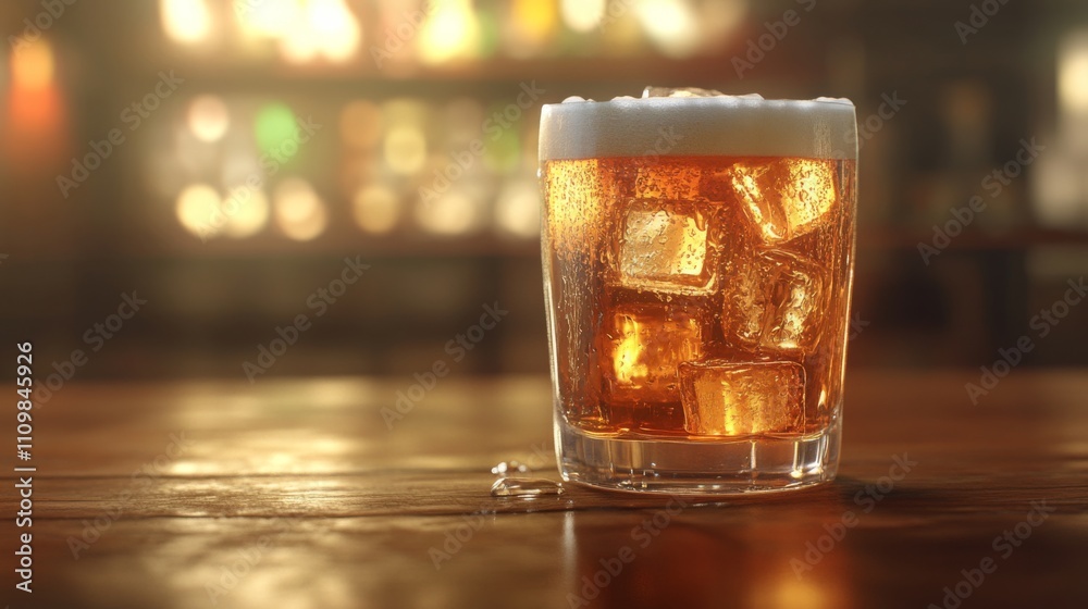 Poster refreshing glass of beer with ice cubes on wooden bar counter