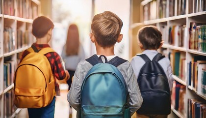 Obraz premium Back View of Brunette Boy with Friends Using a Backpack Going to Library. Back to School Consept.