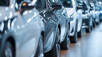 A row of parked cars in a modern indoor setting.
