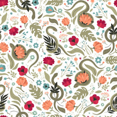 Seamless pattern of snakes and flowers. Simple cute background illustration