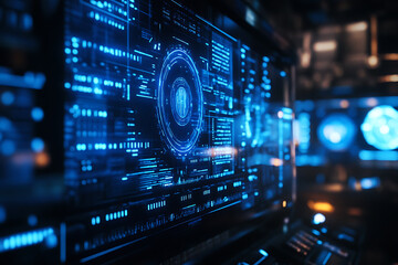 Obraz premium Blue digital binary data on a computer screen, creating a futuristic, high-tech atmosphere with flowing numbers and abstract patterns